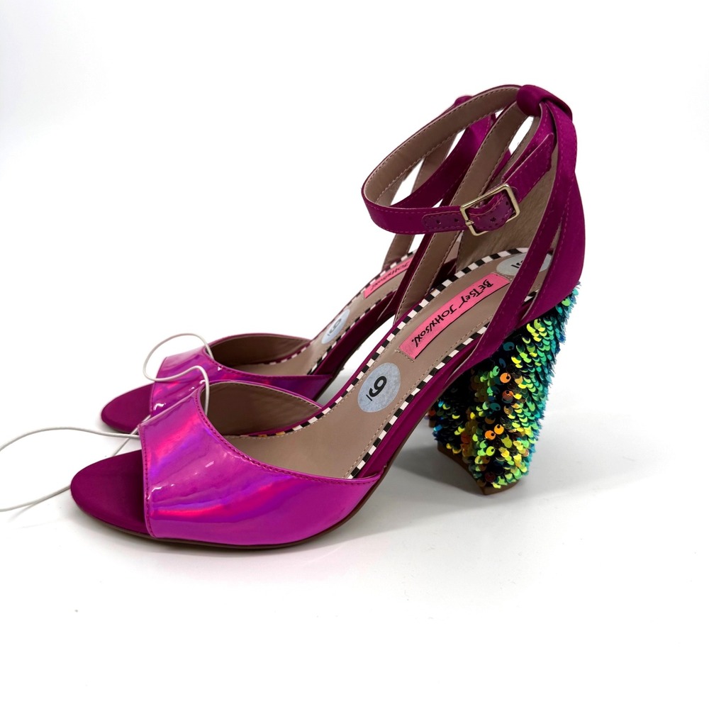 Betsey Johnson 9 Brandy Pink Patent Sequin Block Heel Sandals Party Glam Sparkle - Picture 2 of 7